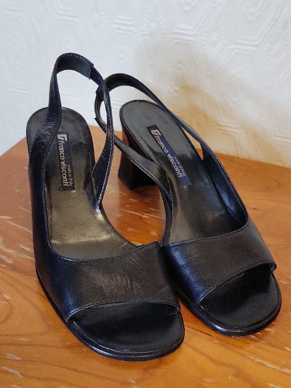 Black Leather Slingback Peep-Toe Heels Size 6.5 US